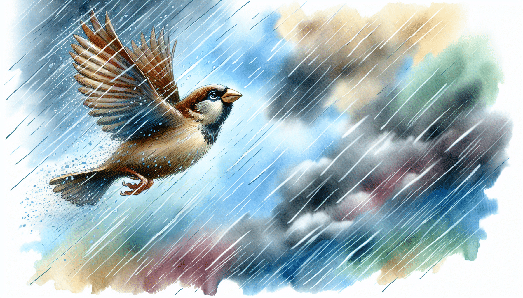 The Courageous Sparrow Flying Against the Storm