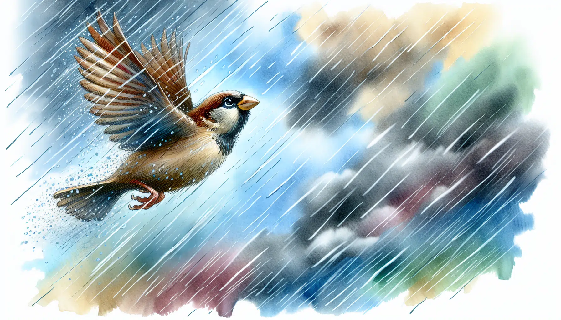 The Courageous Sparrow Flying Against the Storm