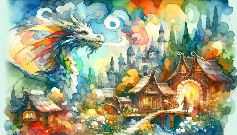 Drawing of some houses, a forest and a dragon for the fairy tale: "The Dragon's Secret: A Tale of Bravery and Friendship"