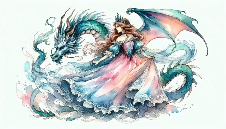 Dibujo de una pricensa y un dragón para el cuento: The Enchanted Adventure of the Princess and the Dragon.