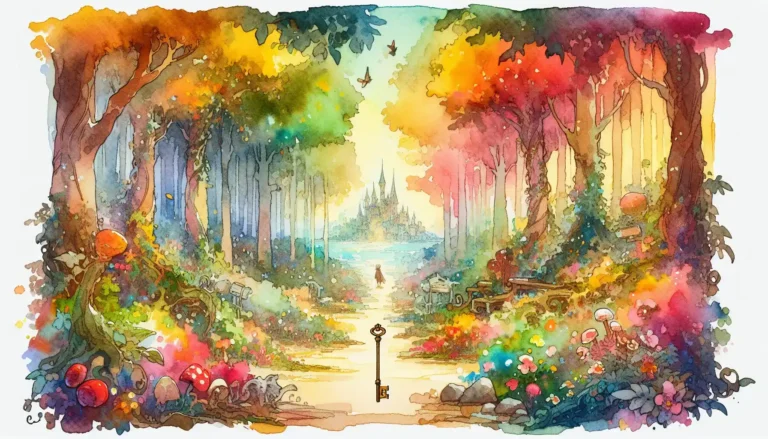Drawing of a magic and golden key on a path in a forest for the fairy tale: Fairy Tale Stories: "The Golden Key: Unlocking the Secrets of the Enchanted Forest".