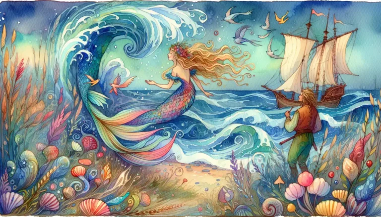 Drawing of a mermaid in the sea and a man on the beach. You can see a big wave and a boat in the background, for the fairy tale: "The Mermaid's Song: A Melody of Love and Adventure"