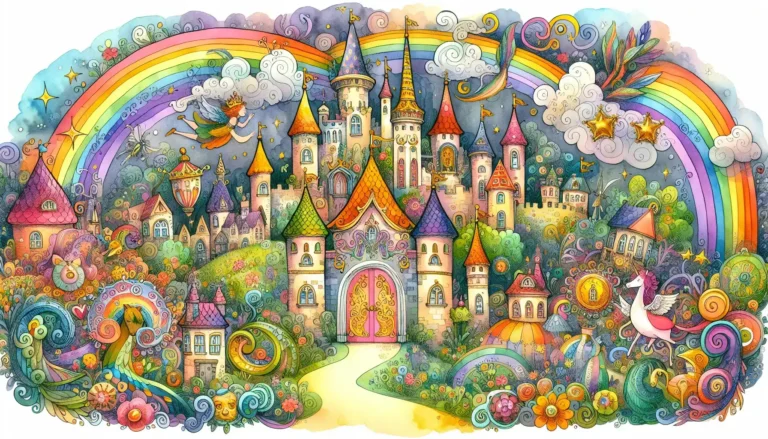 Drawing of a castle and a rainbow for the fairy tale: Fairy Tale Stories: "The Secret of the Lost Kingdom: Unveiling the Magical Mirror"