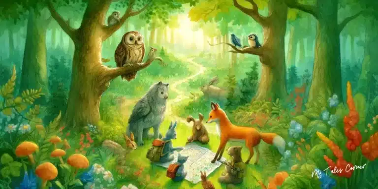 Vibrant watercolor scene of animal friends in a forest clearing planning their adventure, capturing the essence of camaraderie and exploration in nature for Animal Adventure Short Stories: Discover the Wonders of Nature with Heartwarming Tales of Furry Friends.