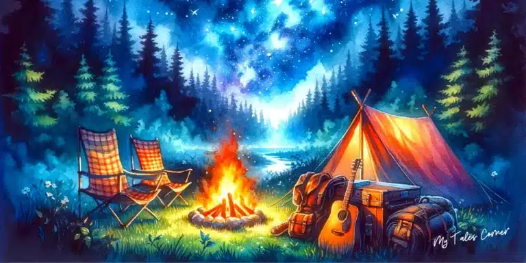Drawing of a small tent in a forest by a river at night with a nice fire for warmth. There is also a guitar, a trunk, and two armchairs, all in reference to bedtime stories for boyfriends.