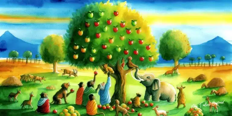 Drawing of apple tree and a diversity of animals next to it for the Fables about Gratitude and Generosity: Timeless Wisdom and Modern Interpretations of Generous Stories.