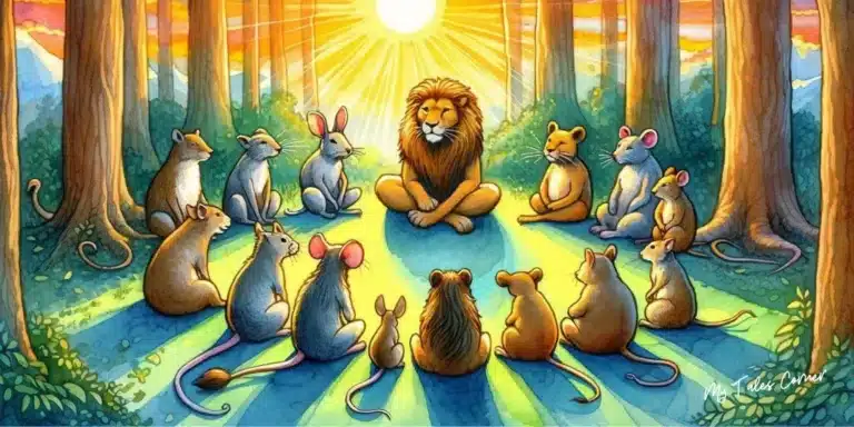 Drawing of a lion surrounded by other animals in a circle as if they were talking for Moral Fables and Ethics: Ignite Your Conscience and Learn Valuable Lessons with These Enchanting Stories.