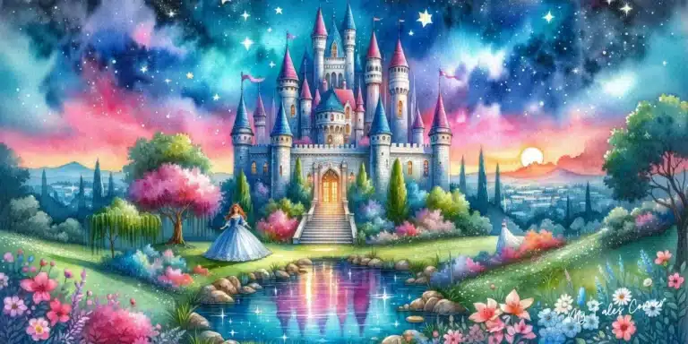 Drawing of a landscape with a lake and a castle in the background for Princess Bedtime Stories: Cultivate a Love for Reading and Dreaming with These Royal Adventures.