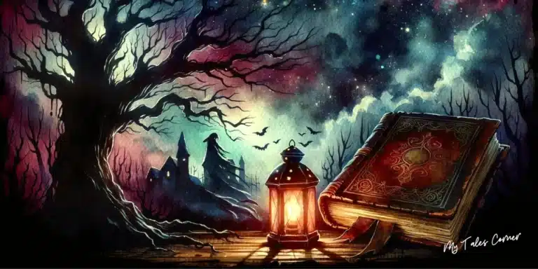 Drawing of a dark and gloomy landscape lit by a lantern in the middle of a road for Scary Bedtime Stories: Transform Your Bedtime Routine into a Heart-Pounding Experience.