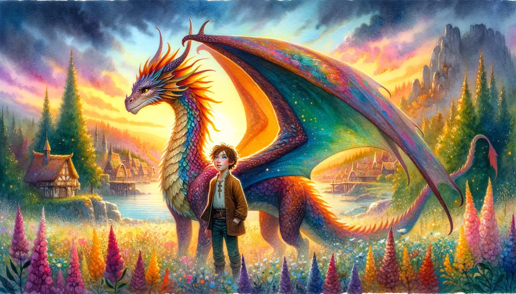 A captivating watercolor illustration of 'Dragonheart: A Tale of Friendship and Courage,' showcasing Ember the Fire-Dragon and Alastair standing together in a mystical landscape, symbolizing their enduring bond and shared adventures in a magical world.