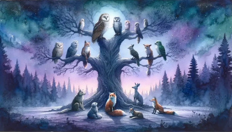 Animals gathered under a starry sky around an ancient tree, symbolizing a council of wisdom and decision-making in a twilight forest for Fables on Wisdom and Decision Making: A Nightly Ritual of Wisdom and Decision Making for the Whole Family..