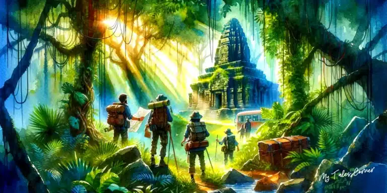 Dynamic watercolor illustration of explorers discovering an ancient temple in a dense jungle, embodying the thrill and mystery of Adventure Short Stories: Embark on Thrilling Journeys with Exciting Tales of Courage.