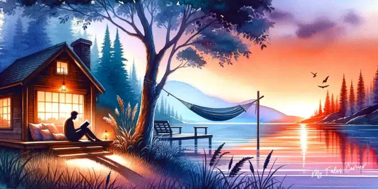 Drawing of a paradisiacal place at dusk with a cabin and a person at the door for bedtime stories for adults.