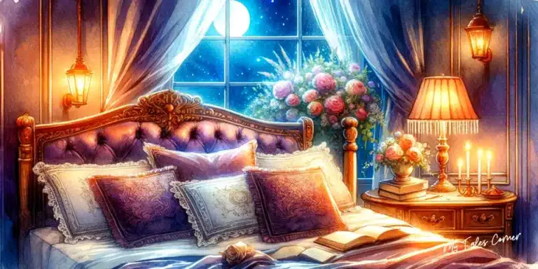 Drawing of a cozy bedroom with moonlight netting for sale for the Bedtime Stories for Girlfriend.