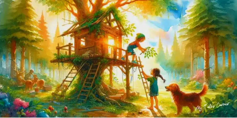 Drawing of a boy, a girl and a dog together outside a tree house for Fables of Friendship and Loyalty: Heartwarming Tales of Sacrifice, Forgiveness, and Unconditional Love.