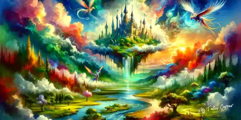 Vibrant watercolor illustration depicting a magical floating island with a majestic castle, surrounded by a mystical garden and whimsical creatures flying in the sky, embodying the enchantment of Fantasy Short Stories for kids: Escape to Realms of Magic and Wonder with Captivating Tales.