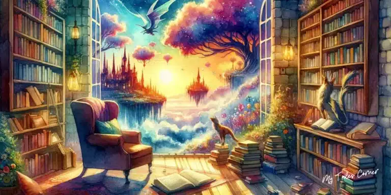 Whimsical watercolor scene of a cozy reading nook overlooking a fantastical landscape, embodying the magic and adventure of fiction short stories for Fiction Short Stories: Dive into the Realm of Imagination with Captivating Tales.