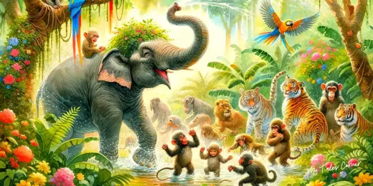 Elephant joyfully spraying water surrounded by playful jungle animals in a vibrant, colorful watercolor jungle scene for Jungle Tales for Kids.