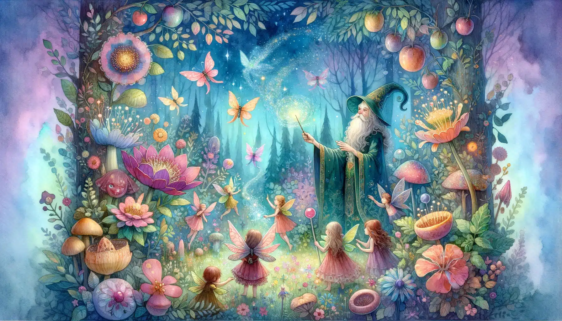 Enchanted forest scene with a wizard, fairies, and magical flora under a starry sky for magic tales for kids.