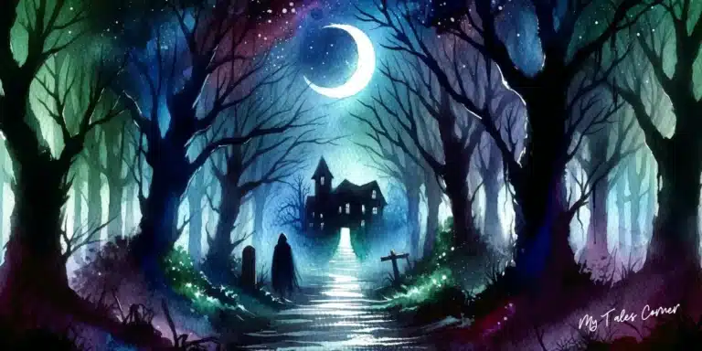 An atmospheric watercolor illustration of a spine-tingling forest path under a crescent moon, hinting at hidden terrors and an abandoned house, perfect for a collection of chilling scary short stories.
