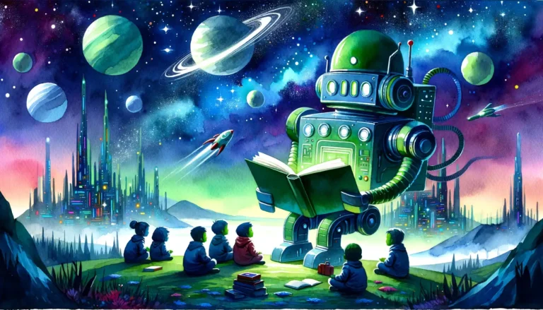 A vibrant watercolor scene of a robot reading to children on an alien planet, with a starry sky and futuristic city in the background for Science Fiction Stories.
