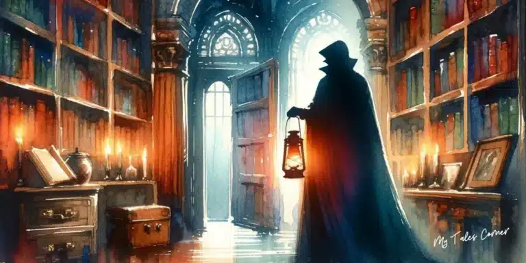 Drawing of a man in a cape and black hat, holding a lantern in his hand, inside a library for the Secret Stories: Uncover Hidden Truths in Mysterious Tales of Secrets and Intrigue.