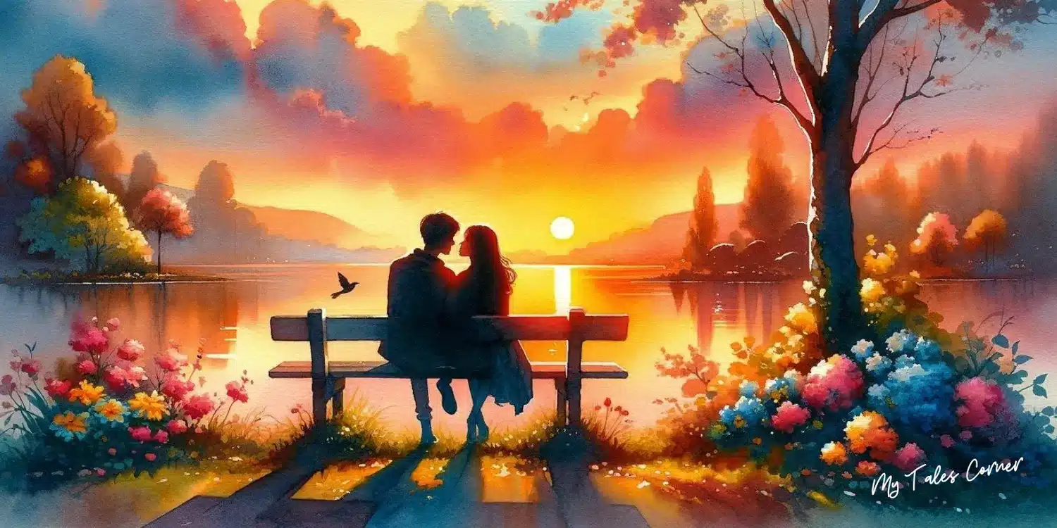 Watercolor illustration capturing a romantic moment between a couple sitting on a park bench at sunset, surrounded by vibrant flowers and a tranquil lake, embodying the warmth and tenderness of Short Love Stories: Ignite the Flames of Passion with Heartwarming Romantic Narratives.