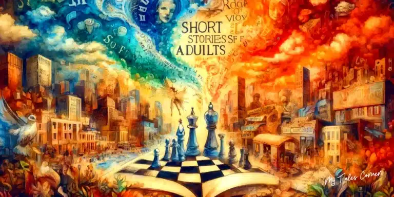 Evocative watercolor scene merging a chessboard and an open book with words transforming into scenes of adult life, symbolizing the depth and diversity of Short Stories for Adults: Delve into Complex Narratives and Thought-Provoking Themes.