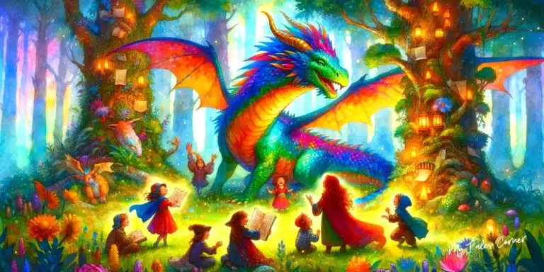 Enchanting watercolor illustration of a colorful dragon playing with children in a magical forest, embodying the spirit of adventure and friendship in Dragon Tales: Unleash the Magic of Mythical Creatures in Enchanting Adventures.