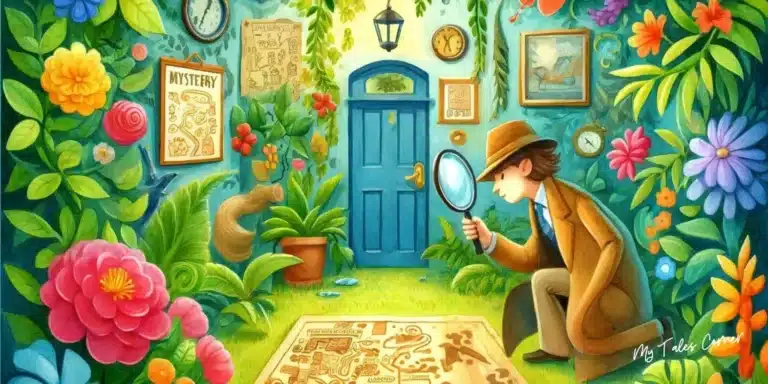 Vibrant watercolor scene of an animal detective exploring mysterious clues in a whimsical garden, perfect for captivating children with the allure of mystery and intrigue in Mystery Stories for kids: Unravel the Secrets of Intriguing Tales Filled with Suspense and Intrigue.