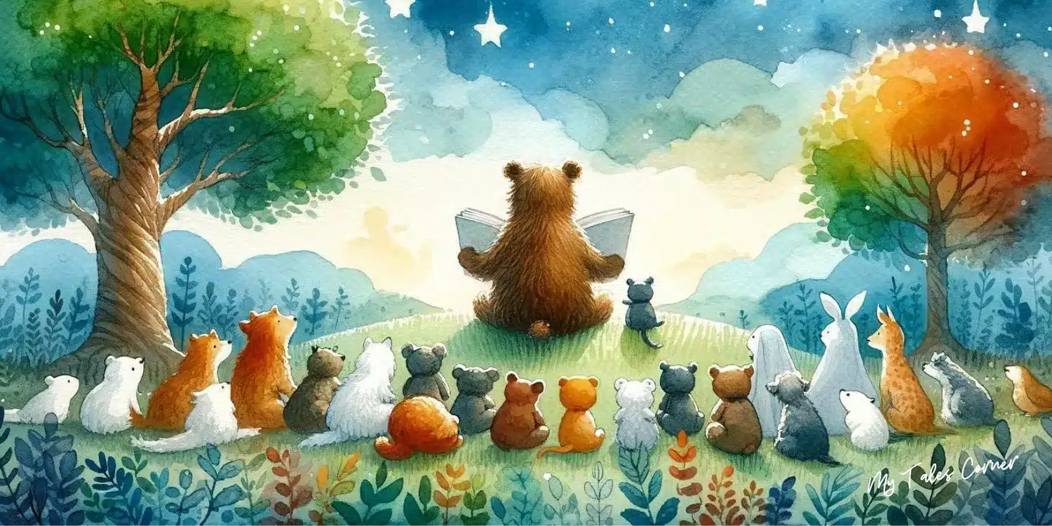 Drawing of a bear on his back reading to other animals in the bisque for the Stories for kids.