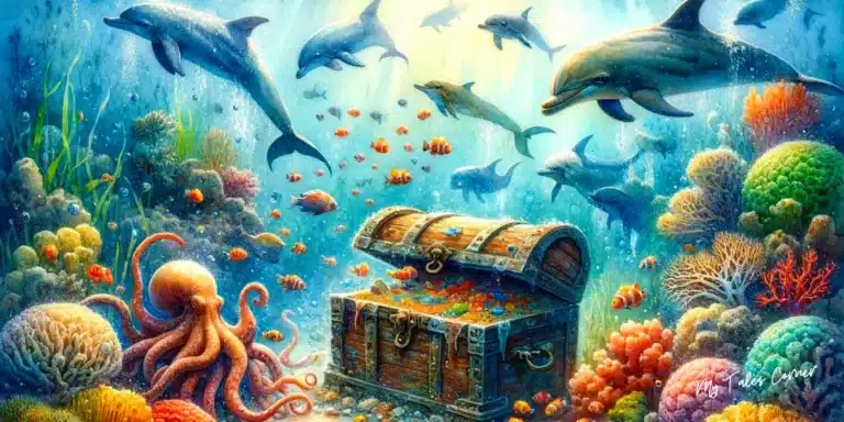 Vibrant underwater scene with sea creatures around a treasure chest, corals, and sunlight filtering through water for Water Tales for Kids.