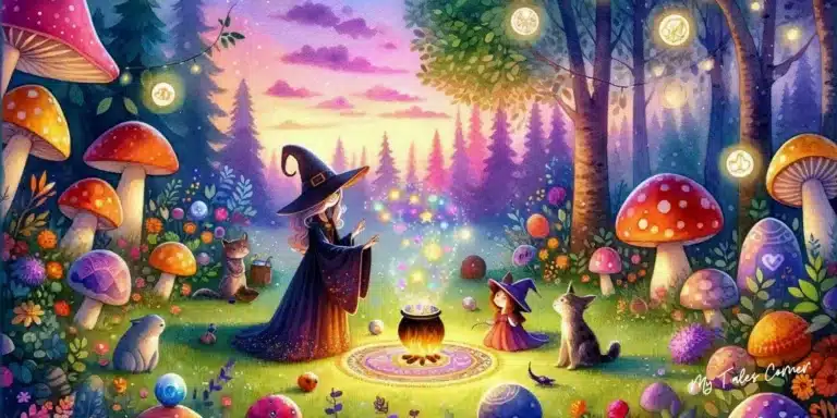 Drawing of witches and animals in the bisque for Witch Tales for Kids: Delight in the Magic and Mystery of Enchanting Witch Stories.