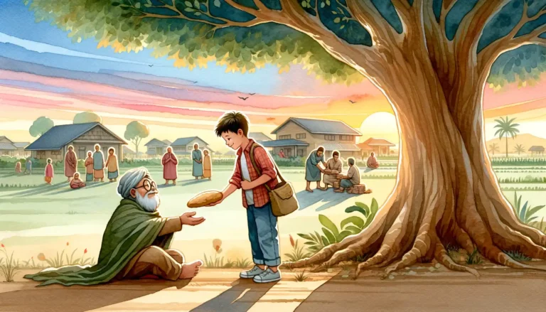 Young boy sharing bread with an elderly man under a tree, with villagers in acts of kindness in the background for Short Stories with a Moral.